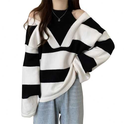 Hanorac oversize cu maneci lungi si croiala lejera, alb-negru