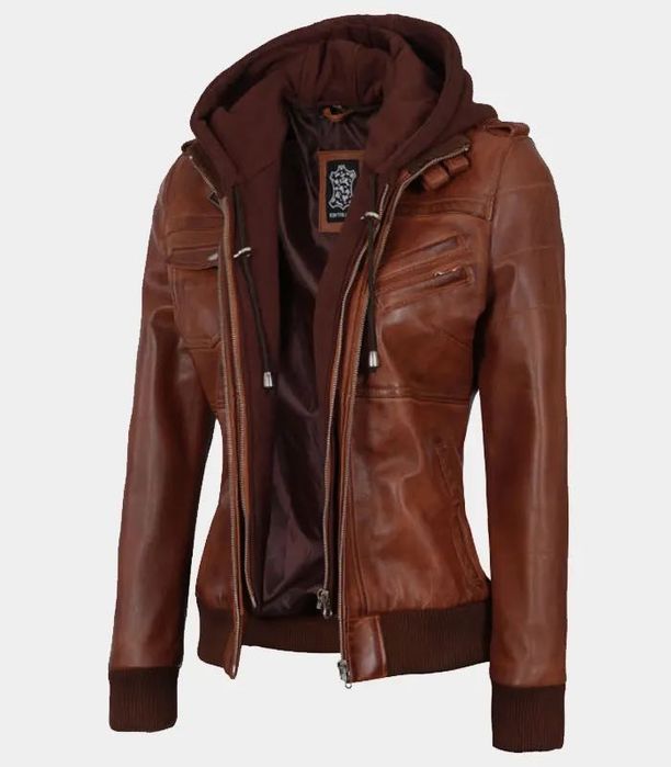 Geacă piele Bomber Cognac Edinburgh pentru femei,glugă,M,nou