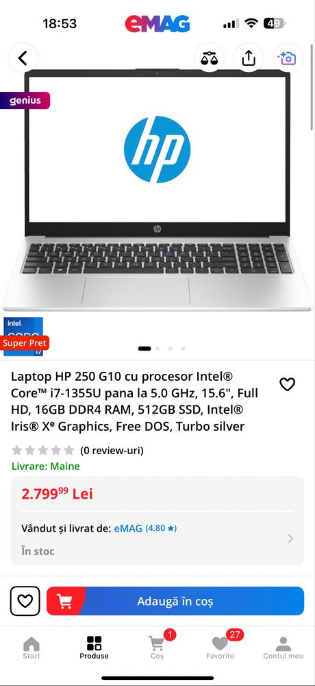 Laptop HP 250 G10 procesor i7 16GB DDR4 RAM