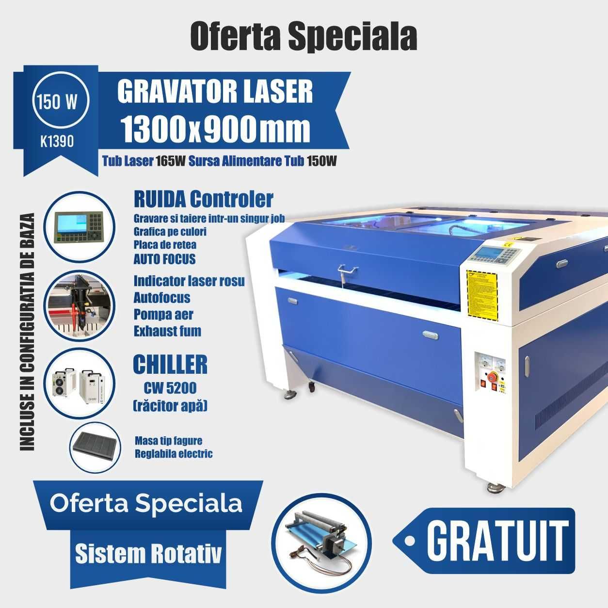 Gravator Laser K1390, Putere 150W, Controler RUIDA 1300x900 mmm