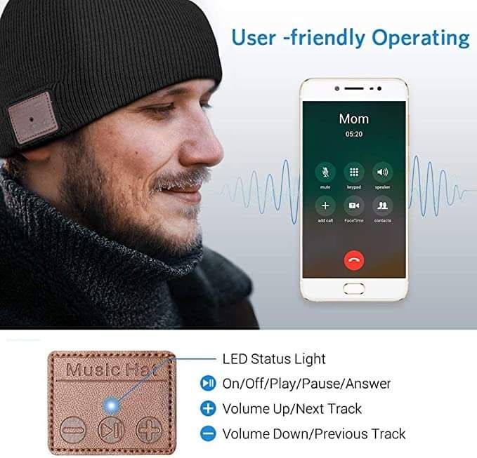 зимна плетена, музикална шапка с Bluetooth 5,0, One Size, универсална.