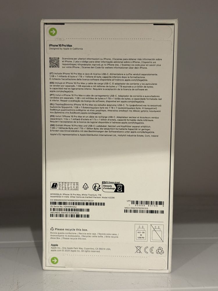Apple iPhone 16 Pro Max, 1TB, 5G, White Titanium, sigilat