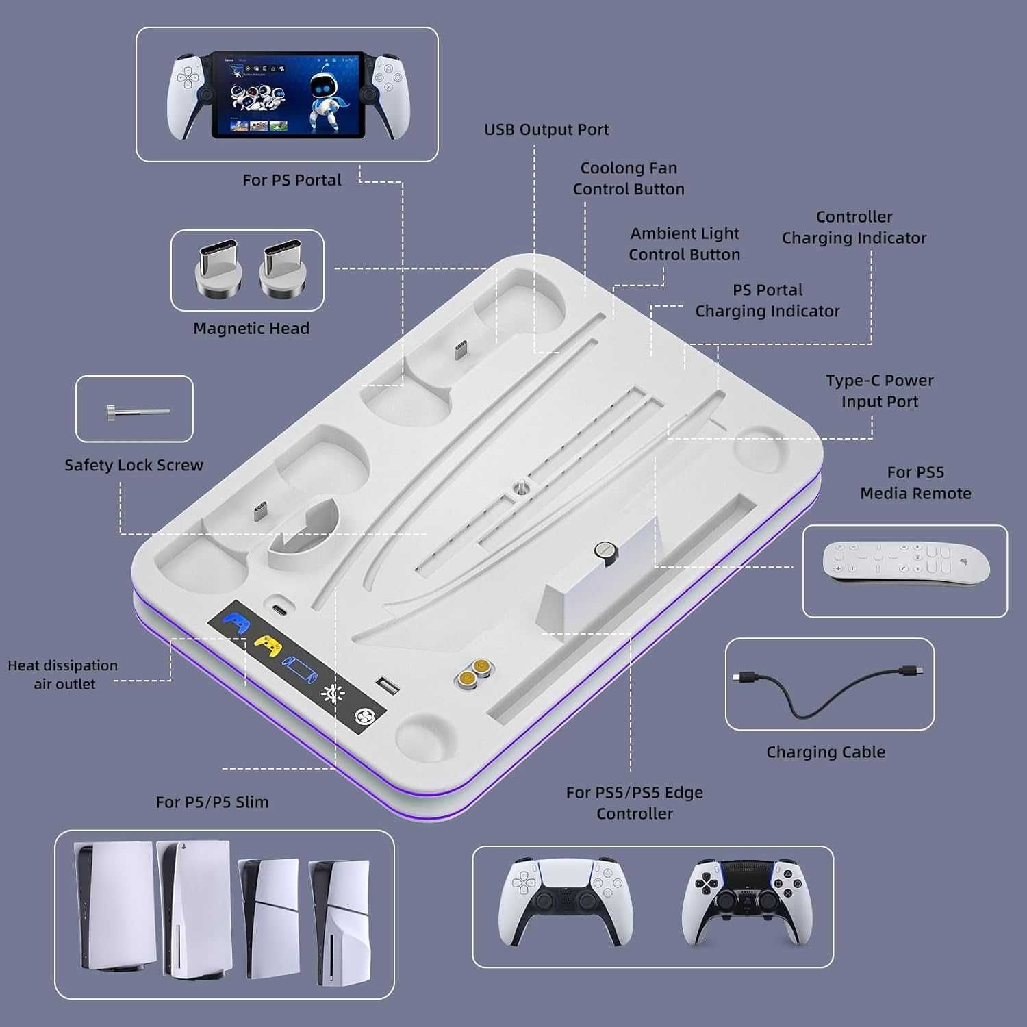 Стойка и охладителна станция RGB LED за зареждане, PS5/PS5 Slim, бяла