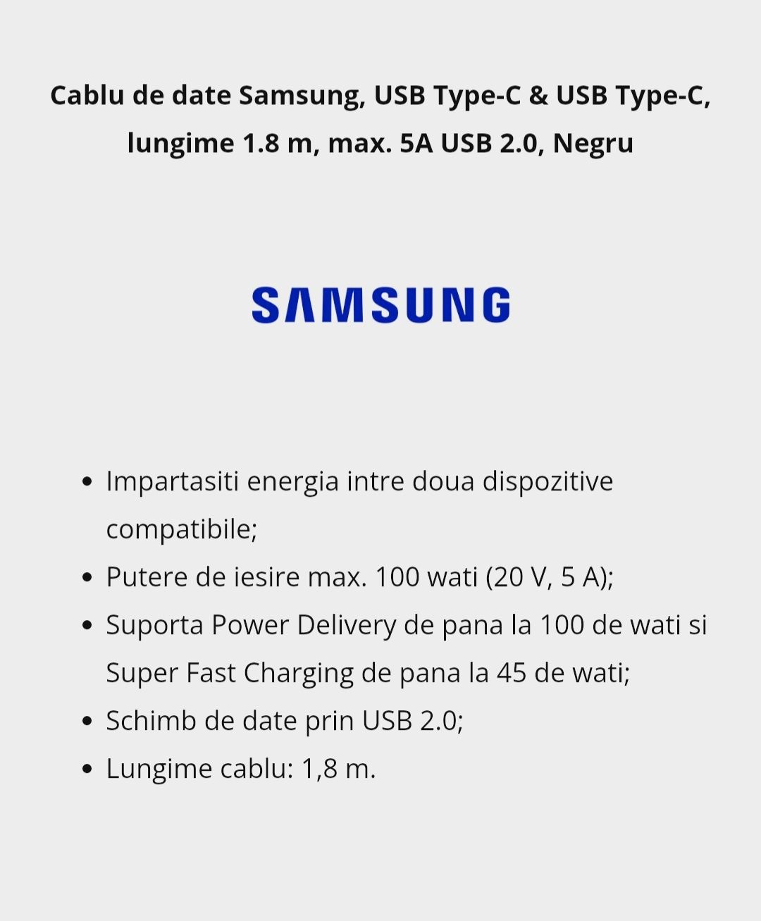Cablu încărcător Samsung USB Type-C & USB Type-C, lungime 1.8 m 5A