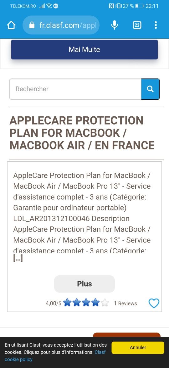 Vând AppleCare Protecție pentru laptop Apple