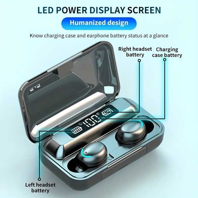 Безжични слушалки F9-5 с Powerbank 3300mAh, Водоустойчиви, Черни