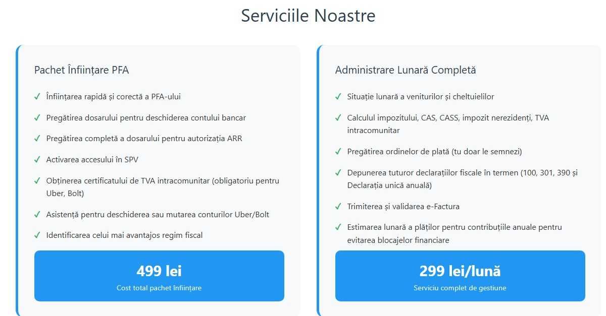 PFA Uber/Bolt – înființare+gestiune completă,100% legal- taxe 10-25%