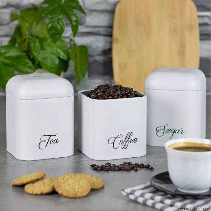 Recipiente pentru cafea, ceai, zahar, din otel, alb, 3 piese,