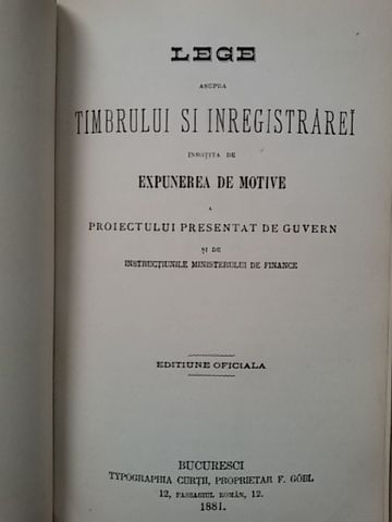 Lege pentru taxa de timbru si inregistrare -Bucuresci 1872-84