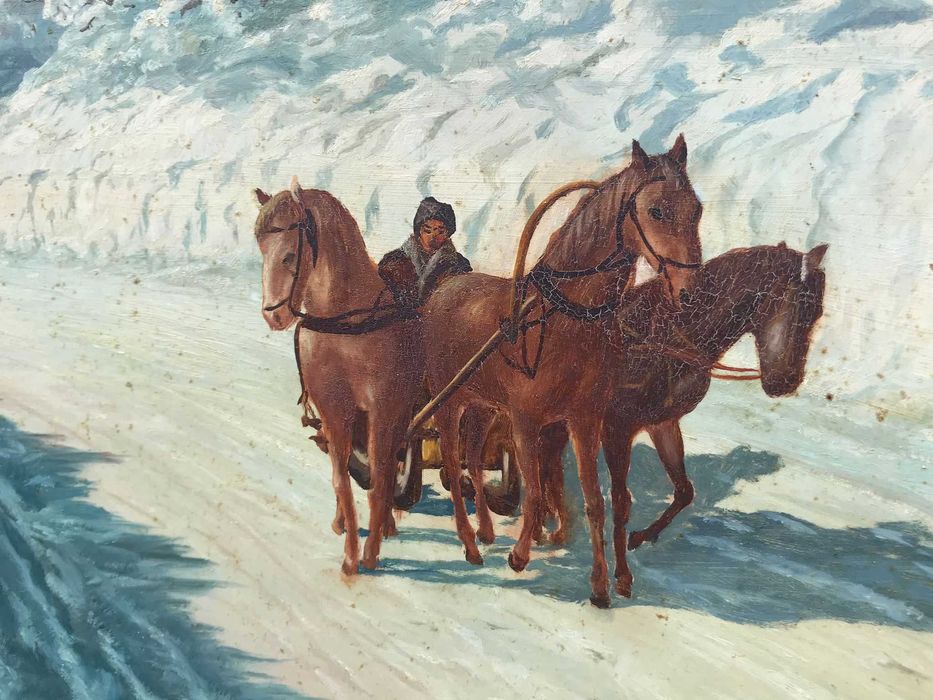 Tablou vechi peisaj iarna - pictura ulei