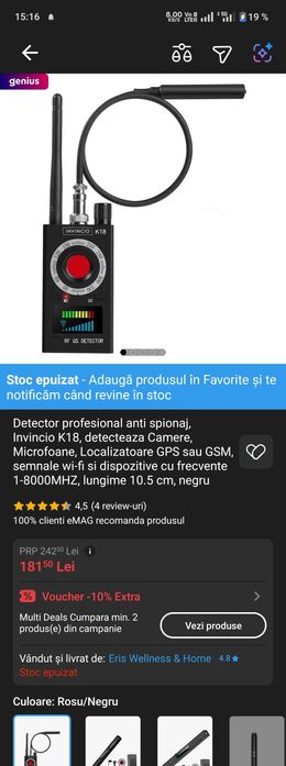 Detector profesional anti spionaj, Invincio K18, detecteaza Camere,