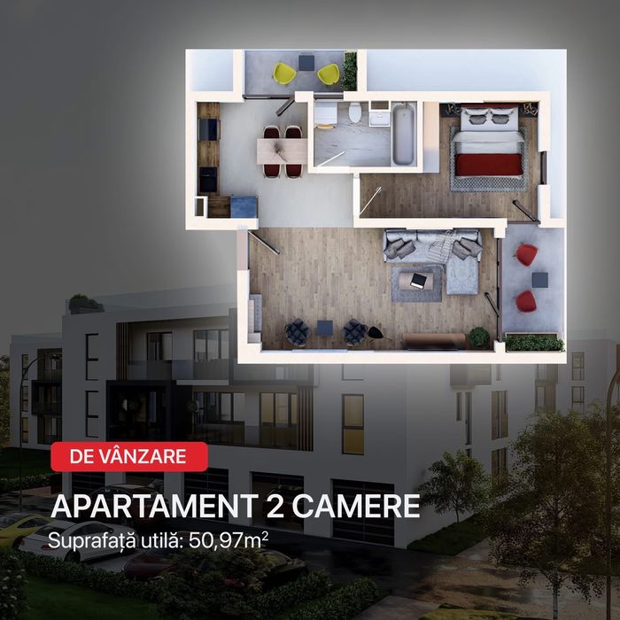 Apartament 2 camere și parcare exterioară , finisat , predare la cheie