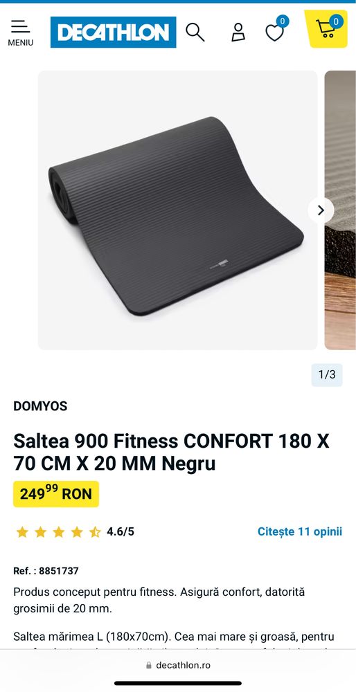 Saltea 900 Fitness CONFORT 180 X 70 CM X 20 MM Negru
