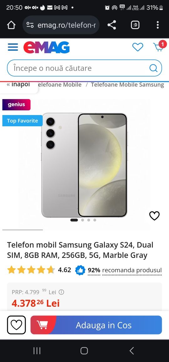Samsung Galaxy S24, Dual SIM, 8GB RAM, 256GB, 5G, Marble Gray, NOU