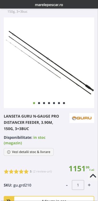 Lanseta noua Guru N-Gauge Pro Distancer Feeder, 3.90m, 150g, 3+3buc