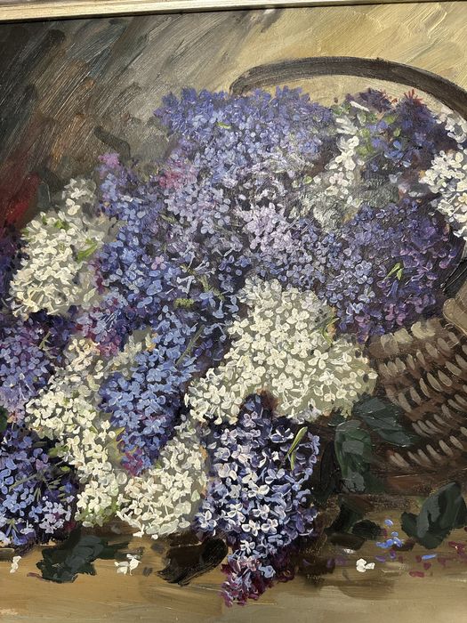 Cos cu liliac pictura pe carton fara defecte rama argintie