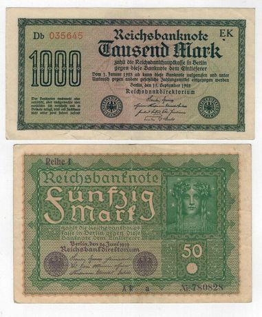 Bancnote Germania -50 Marci 1919 , 1000 Marci 1922