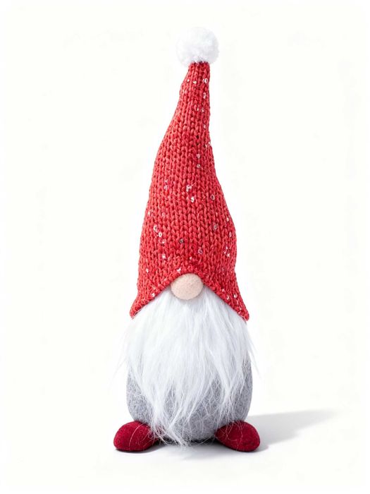 Decoratiune craciun gnom cu palarie si barba lunga 30 cm rosu-gri