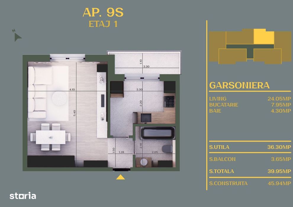 Garsonieră spațioasă, modernă, etaj 1 | Rate la dezvoltator