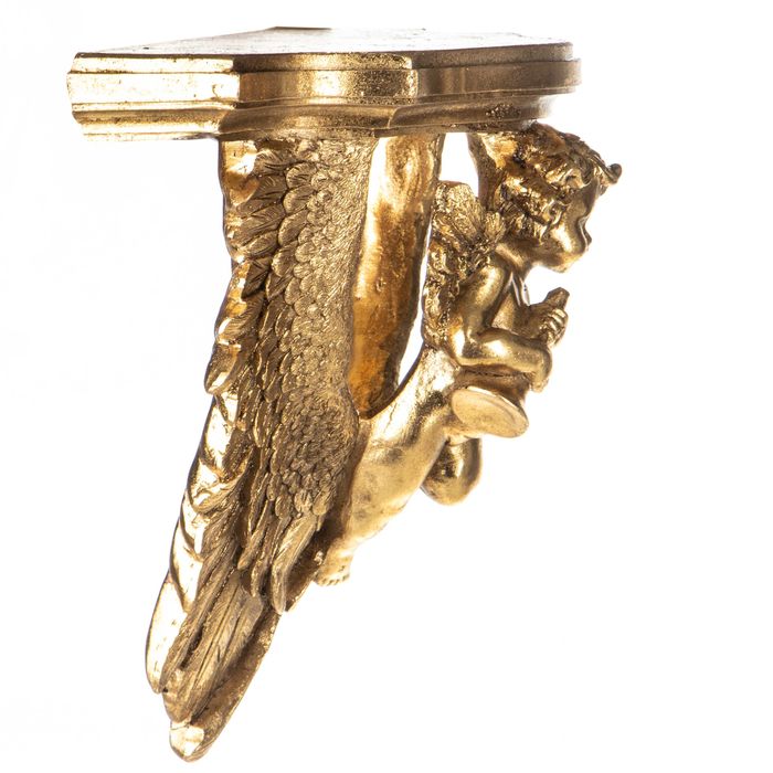 Consolă decorativă aurie cu înger sculptat, H. 21 cm