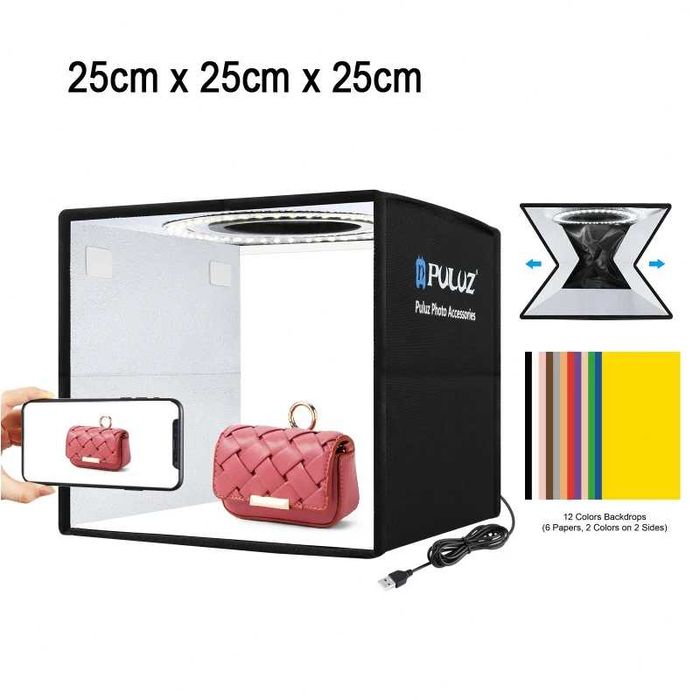 Lightbox portabil PULUZ 25cm cub foto cu LED pt fotografie de produs