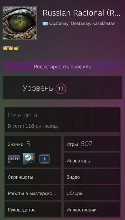 Аккаунт Steam: 600+ игр, 11 уровень, 1 пользователь, регион Казахстан!