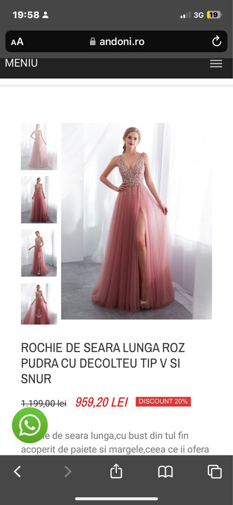 Rochie de seara lunga roz pudra cu decolteu tip V si snur