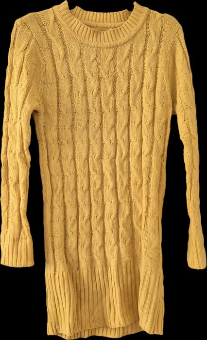 Къса рокля тип пуловер, едра плетка, цвят горчица, размер S/M