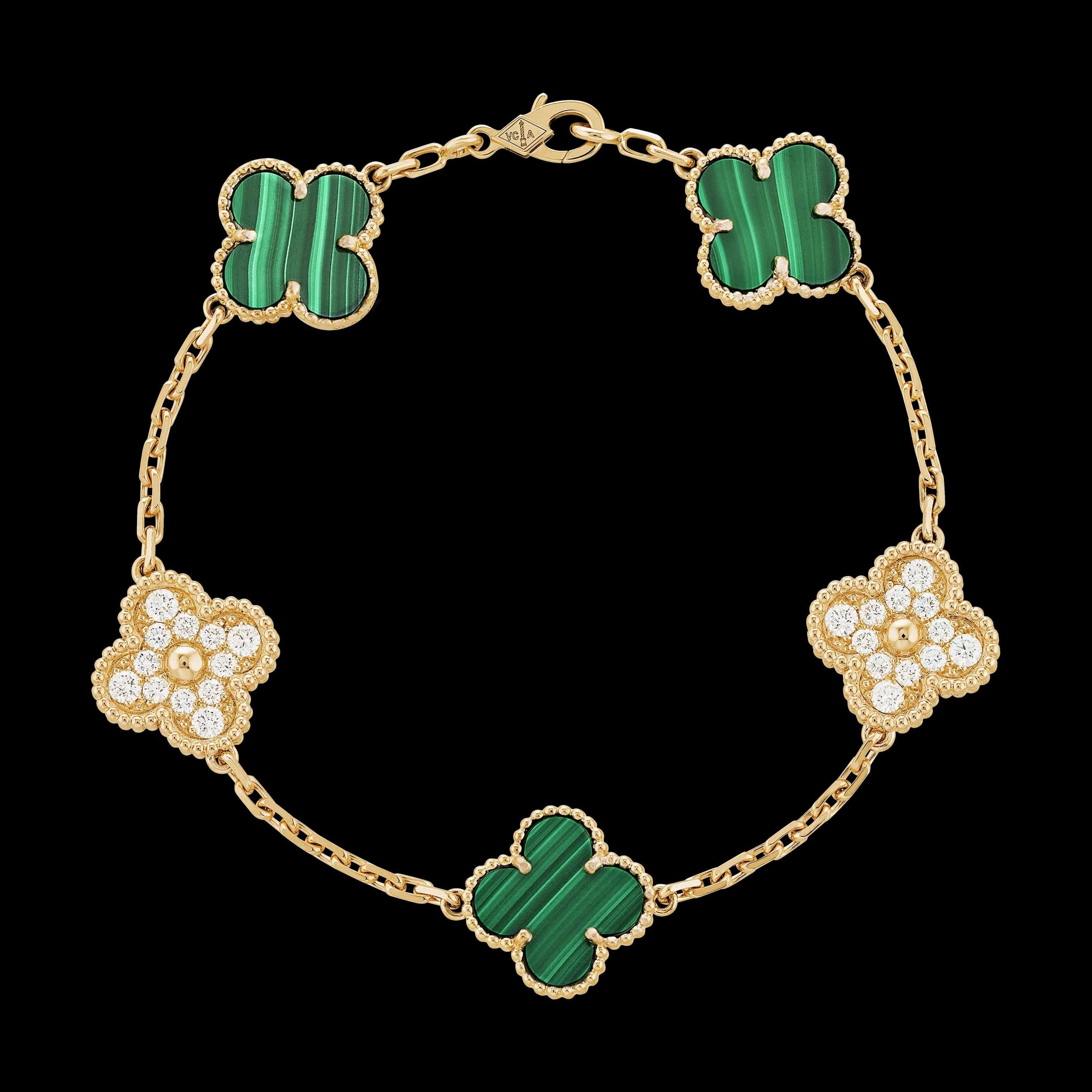 Van Cleef & Arpels VCA Gold Green 5 Alhambra Clover Дамска Гривна