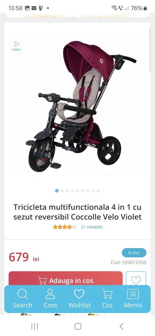 Tricicleta multifunctionala 4 in 1 cu sezut reversibil Coccolle Velo