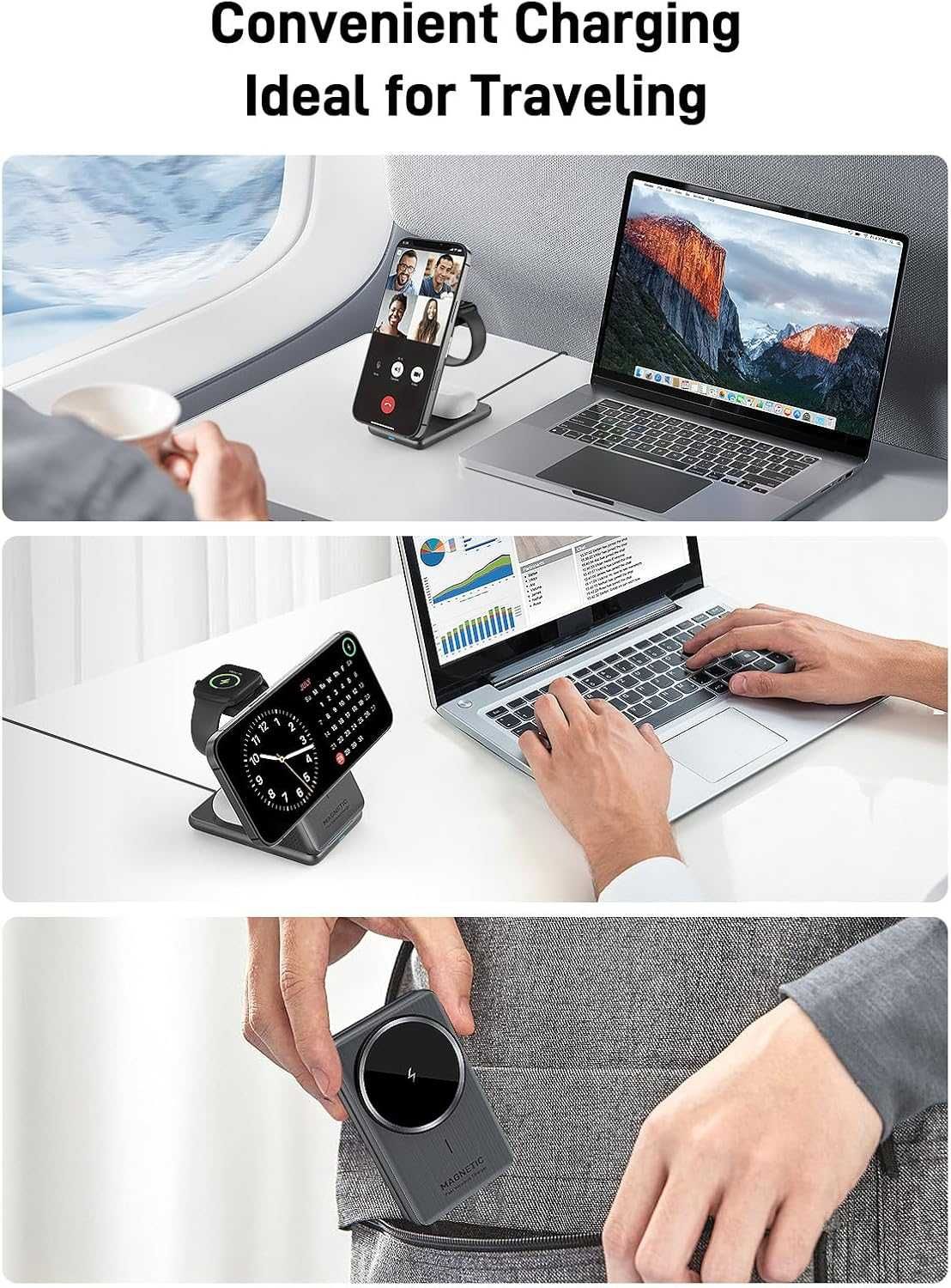 Безжична зарядна станция Mag-Safe, Сгъваемо зарядно 3 в 1 за Apple