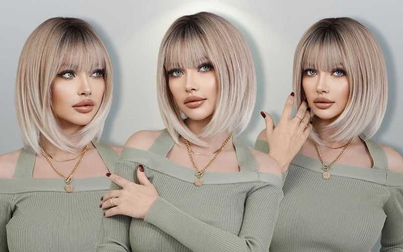 40 см пепеляво руса омбре перука с тъмни корени и светли краища