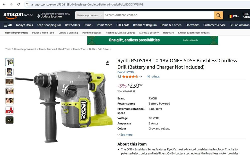 Rotopercutanta Ryobi RSDS18BL-0 18V ONE+ SDS+ Brushless - pentru piese