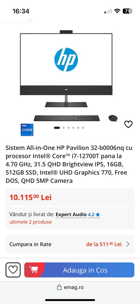 Hp pavilion 31.5 AIO i7 12700t 16gb