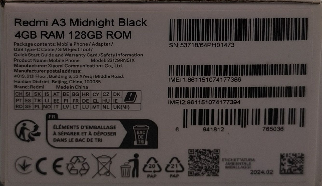 Redmi A3 Midniht Black 4 GB RAM 128 GB ROM