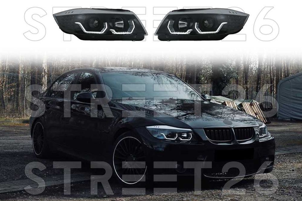Faruri 3D LED Angel Eyes BMW Seria 3 E90 E91 (2005-2011) Negru