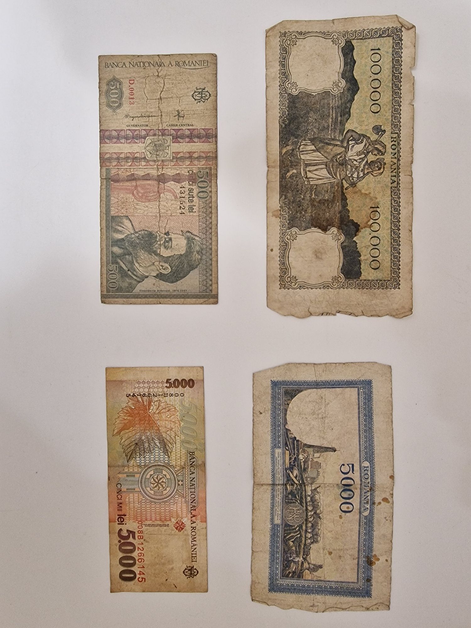 Bancnote:100.000 lei(1946); 5.000lei(1945); 500lei(1992); 5.000 (1998)