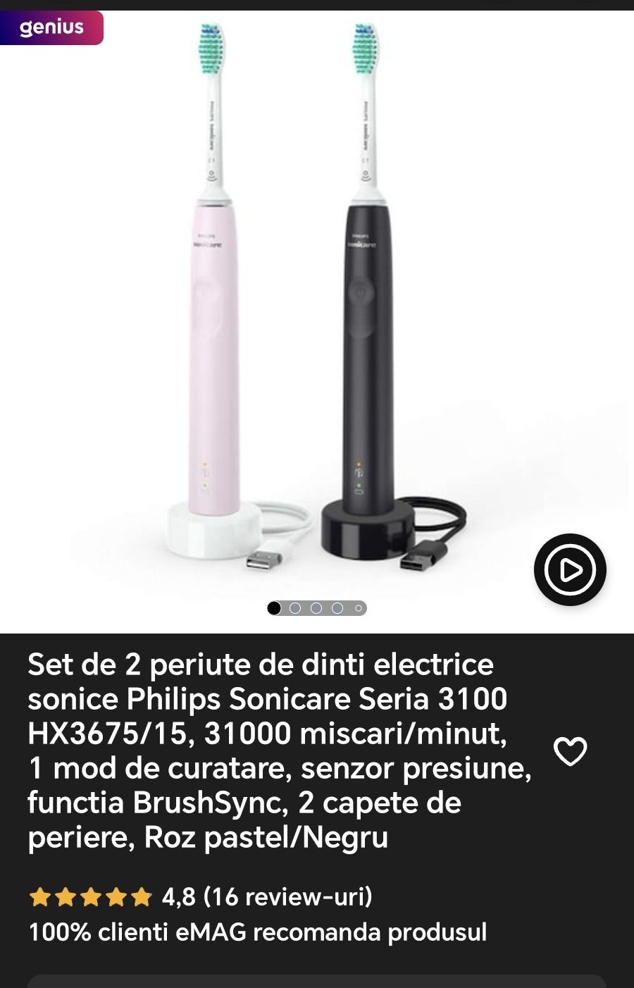 Set de 2 periute de dinti electrice sonice Philips Sonicare Seria 3100