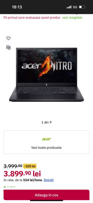 Vând laptop de gaming Acer nitro v15 care vine cu windows instalat