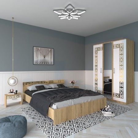 Dormitor Gold Alb Dulap Cu Oglinda si Pat cu 2 Noptiere