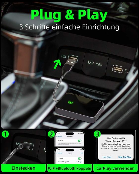 Adaptor wireless auto Loyzico Carplay,Plug & Play,Apple iPhone iOS 10+