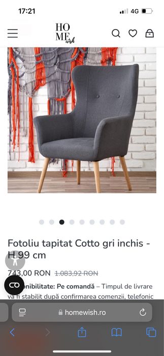 Fotoliu tapitat Cotto gri inchis - H 99 cm