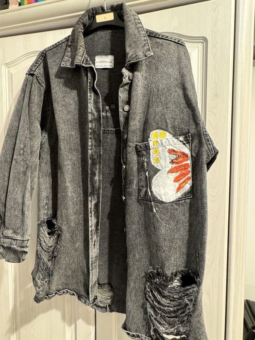 Geaca denim gri pictata manual