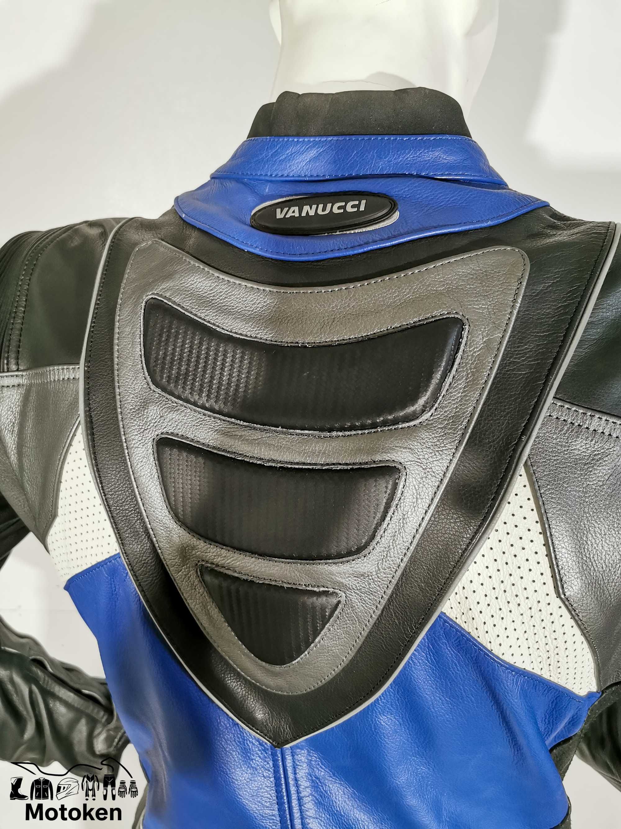 Costum Vanucci moto piele albastru, gri, alb, negru mărime 52