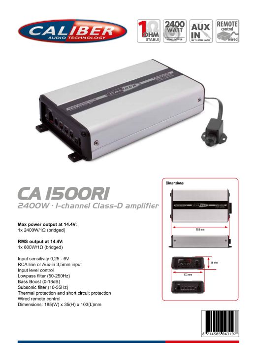 Автоусилвател Caliber CA1500R1 1-канален, клас D, 2400W
