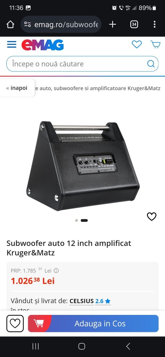 Kruger&Matz Subwoofer auto 12 inch amplificat