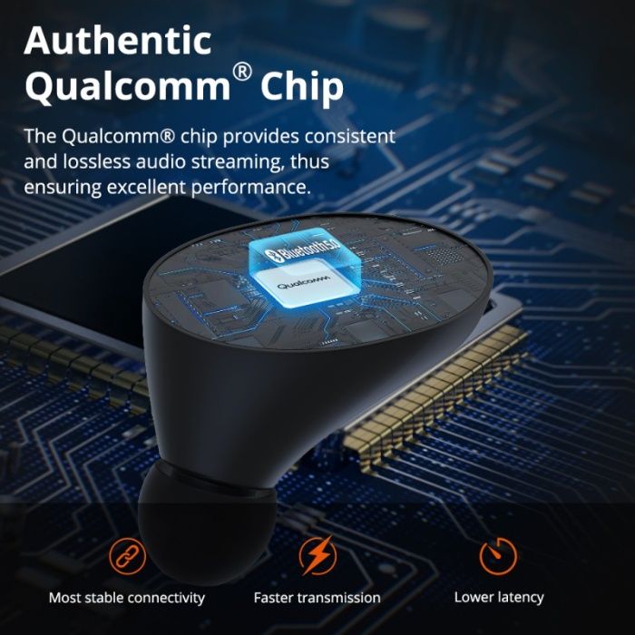 Căști True wireless Qualcomm chip, Bluetooth 5, autonomie 24h