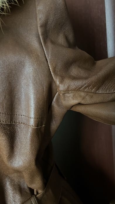 Trench de piele maro cu guler - designer