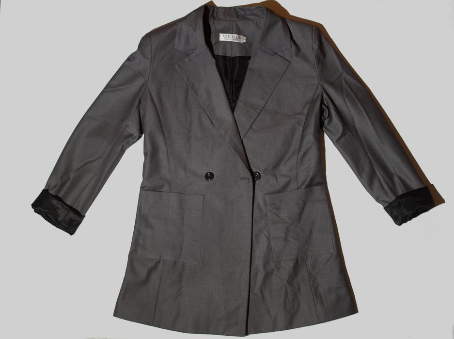 Жакет двубортный, удлиненный, серый, S