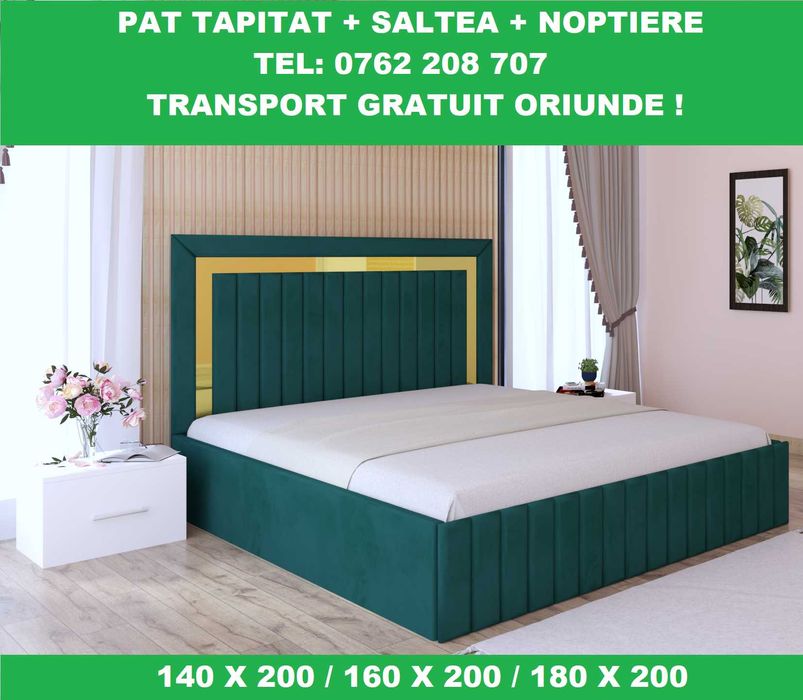 Paturi Tapițate Ieftine cu Saltea, Gri Maro Negru Verde Alb, D19